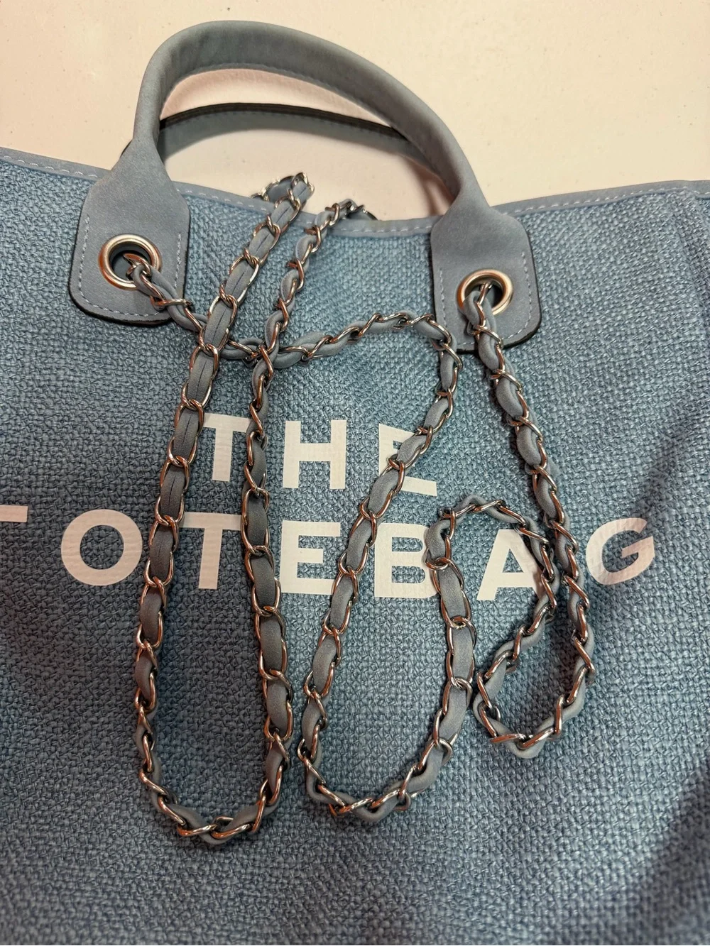 Blue “THE TOTEBAG” Large Woven Tote Shoulder Bag Chain Straps Top Handle B332